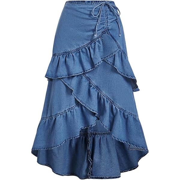 Women's Juniors Denim Long Flare Bottom Tiered Maxi Skirt in M