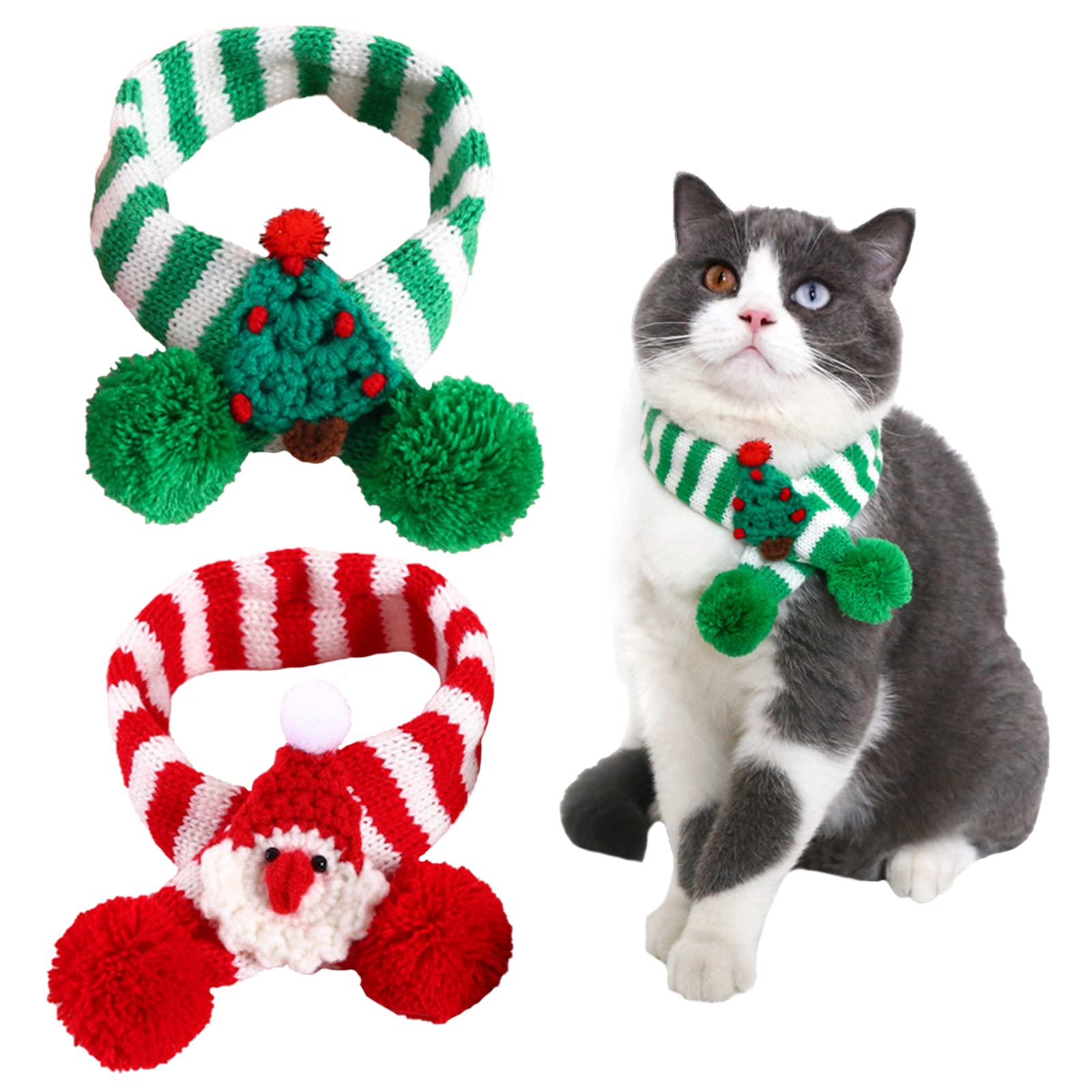 2 Pieces Christmas Pet Scarf Striped Knitted Pet Collar with Pom-pom Winter Dog Neck Warmer Puppy Cat Costume Accessories Mini Knitted Scarf for Small to Medium Pets (Medium, Knitting) — image 1