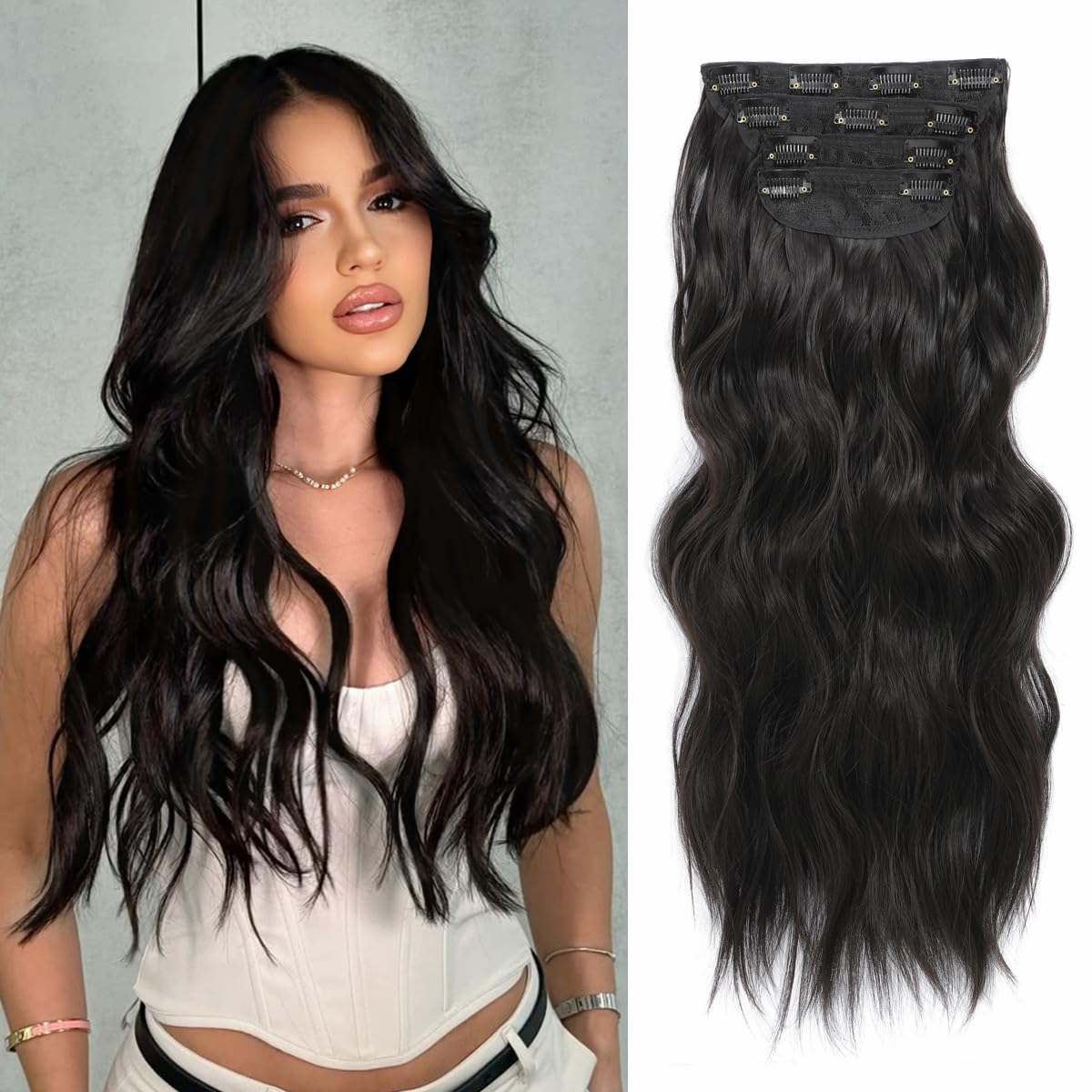 20inch Hair Extensions Clip in Dark Brown Hairpieces for Women 4PCS Full Head Set Thick Hair extension Wavy hair Extensions โ image 1