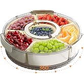 AYauGamA Divided Serving Tray with Lid and Handle, Portable Snackle Box Container for Fruits Snacks Charcuterie Organizer, Spinning Rounded Veggie Tray for Kitchen, Party, Travel and Picnic