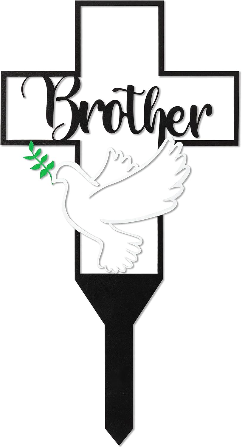 Decorative Garden Stakes - BUoonyer Garden Stake Graves Cemetery Decorations, Brother Metal Memorial Grave Markers, Cross Graveyard Commemorative Plaque for Boy, Dove Remembrance Sympathy Graveside Decor Sign for Outdoor Yard