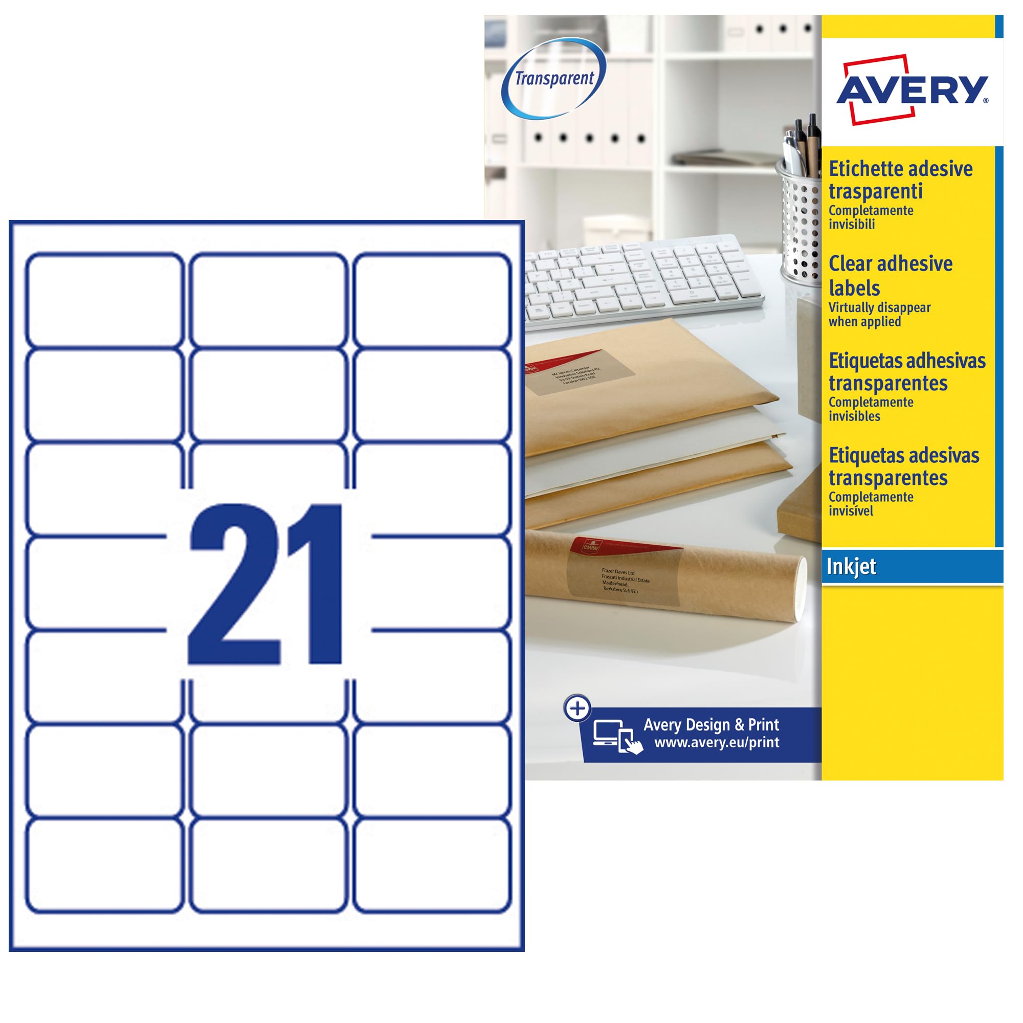 Avery Printable, Customisable Address Mailing Labels, Inkjet Printers, 21 per A4 Sheet, 525 Labels, Quickdry (J8560), 25 Sheets