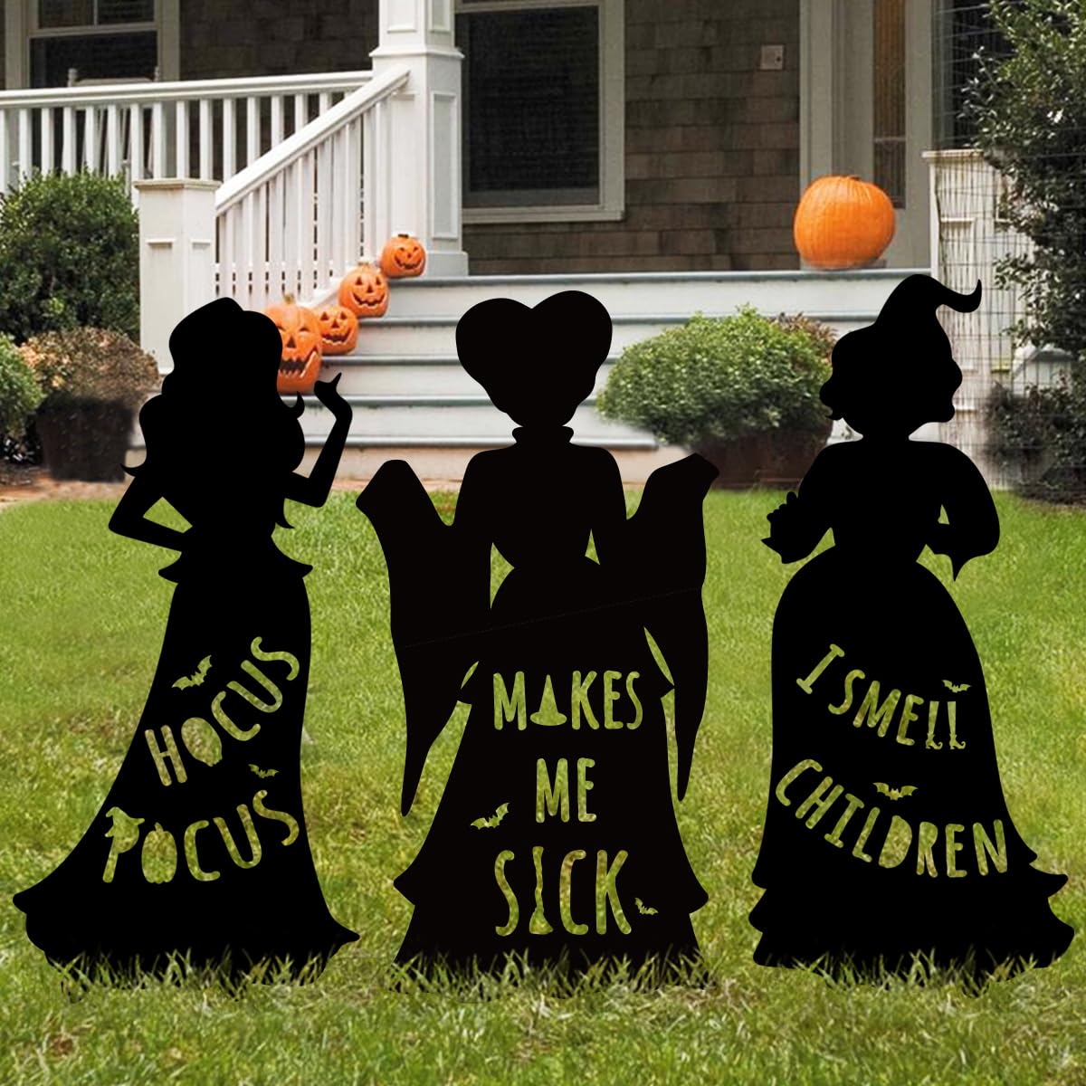 Photo 1 of Hocus Pocus Halloween Decorations Outdoor: 3 Extra Large Hocus Pocus Witches, Black Halloween Silhouette Yard Signs with Stakes, Thick Corrugated Plastic, Outside Yard Lawn Decor for Kids Home Party