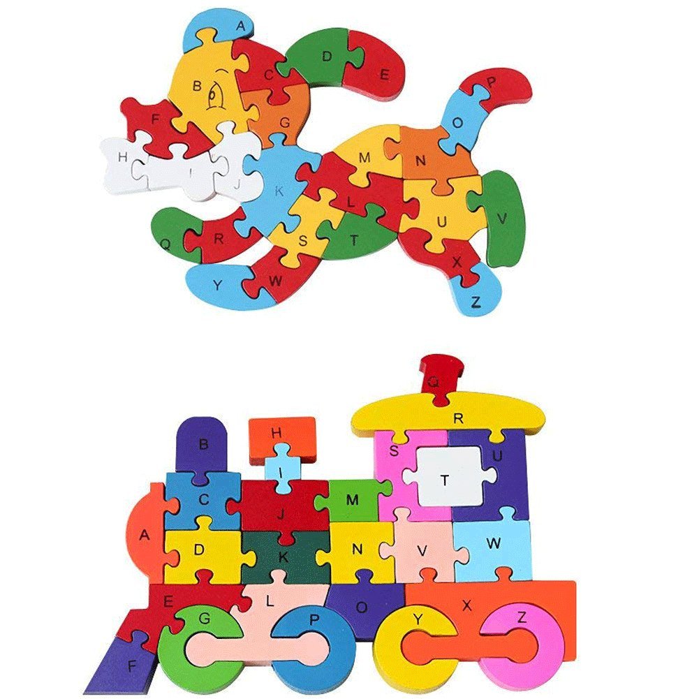 Wooden Blocks Jigsaw Puzzles, Letter & Numbers Puzzles Educational Toys Best Gift for Toddlers Kids Children Boys Girls (Dog+Train)