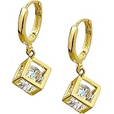 Crystal Cube Huggie Hoop Earrings, Dainty 18k Gold Plated Drop Dangle Earrings with CZ Crystals, Everyday Fashion Jewelry for Women Girls