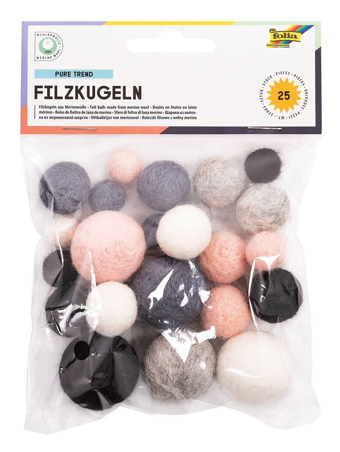 folia Pure Trend 5280 Felt Balls 25 Balls 100% Merino Wool Assorted in 5 Different Colours and 3 Sizes, Ideal for Mobiles, Garlands, etc.