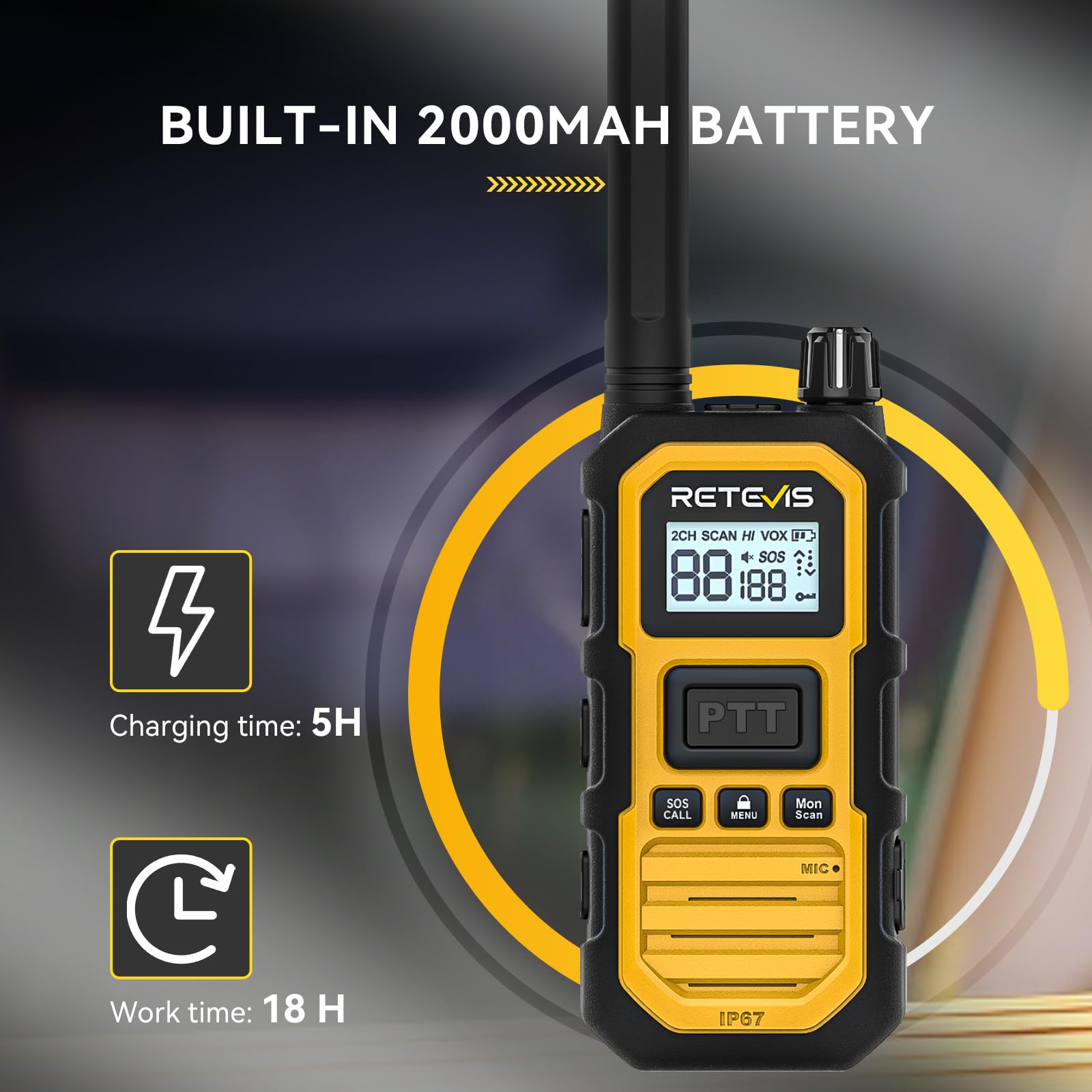 Retevis RB648 Plus Walkie Talkies, IP67 wasserdichte Funkgeräte, Hohe Reichweite, 2000mAh, Vibration, Notfallalarm, Professionelles Robustes Aktualisiertes Walkie-Talkie für Camping (2 Stück, Gelb) 5