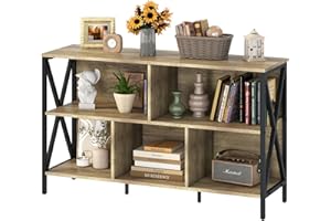 Adompacat Rustic Oak 5-Cube Bookshelf, Industrial Modern 5 Cube Low Wide Cubby Bookcase, Long Wood and Metal Storage Organize