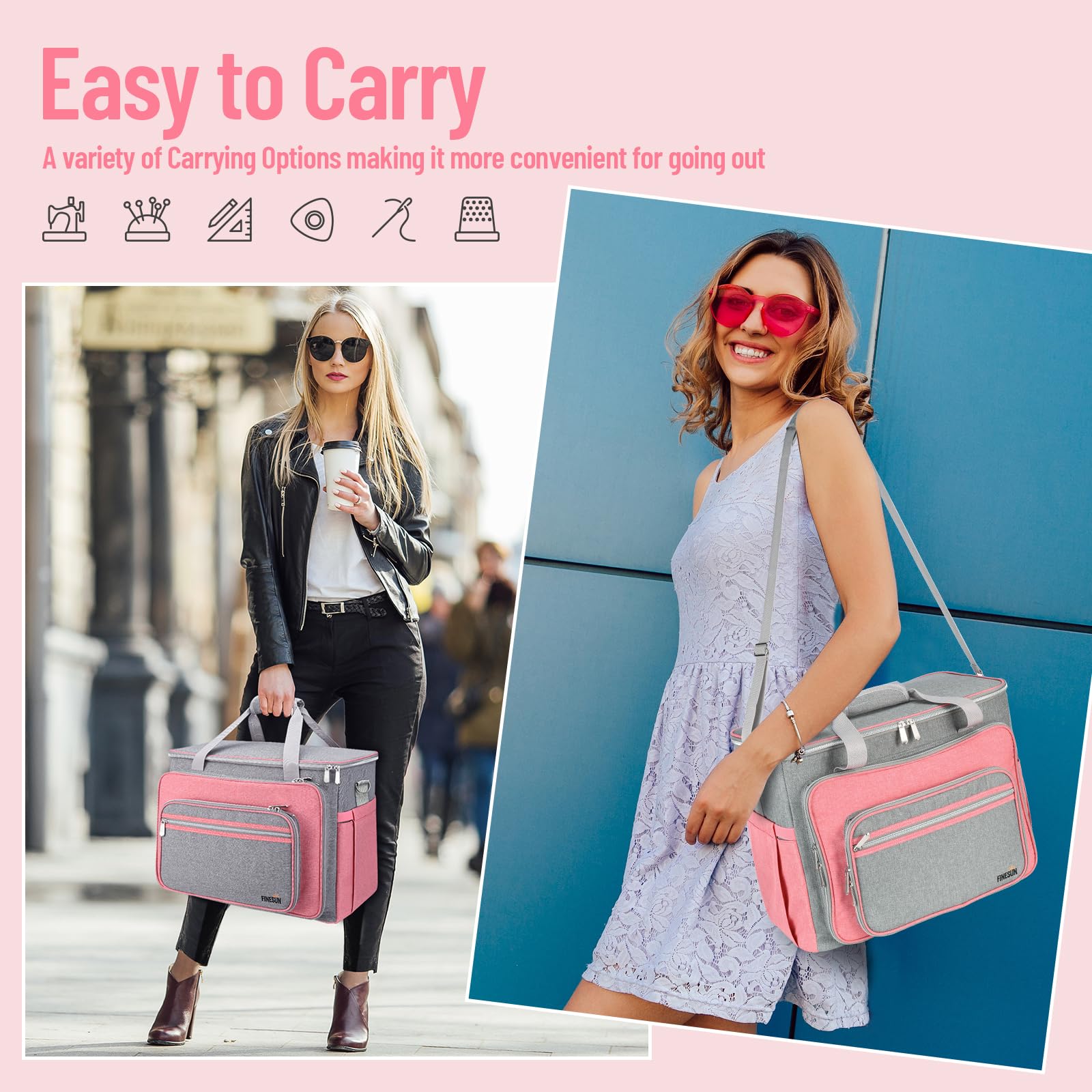 FINESUN Sewing Machine Carrying Case with Multiple Storage Pockets, Universal Tote Bag with Shoulder Strap Compatible with Most Standard Singer, Brother, Janome, Pink