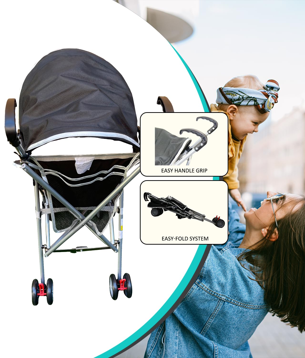 AmorosO Single Umbrella Stroller | Lightweight, Travel-Ready Stroller with EVA Wheels & Sun Protection | Black/White
