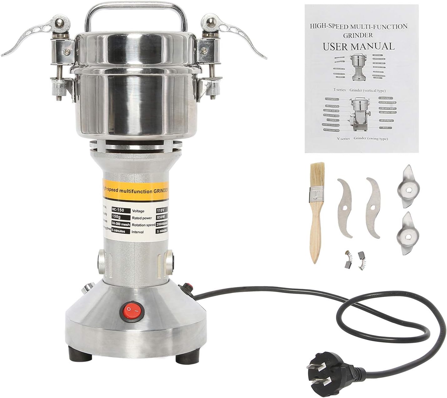 YaeMarine 110V 150g High Speed Electric Grain Mill Grinder 850W 50-300 Mesh 28000RPM Stainless Steel Electric Spice Herb Cereals Coffee Rice Corn Sesame Soybean Flour Powder Machine Commercial Home Clinic Pharmacy (Capacity, 150g)