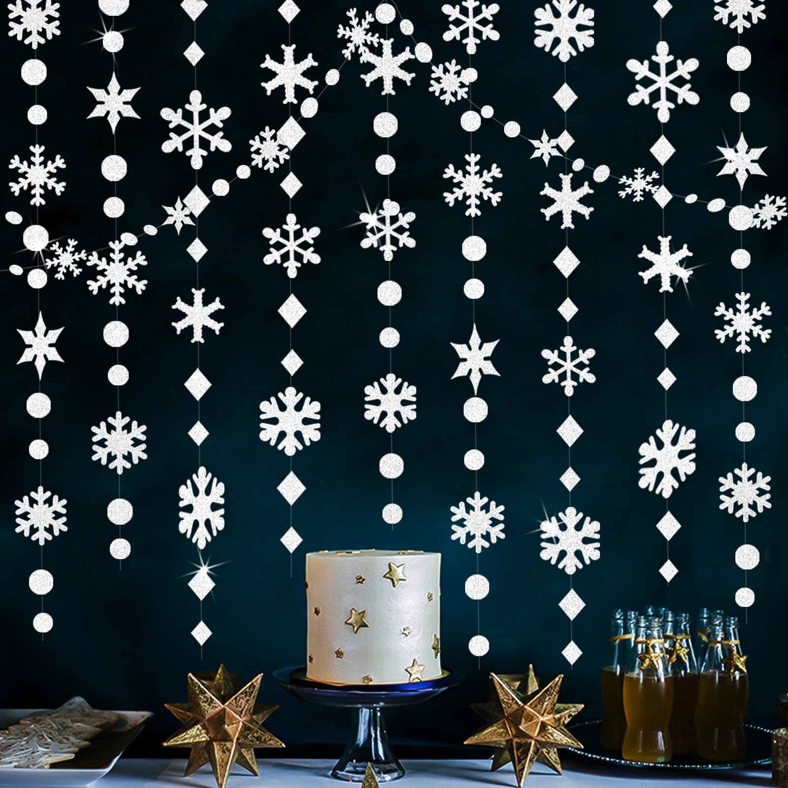 Photo 1 of 65Ft Winter Wonderland Snowflakes Decorations Glitter White Snowflake Garland- Shimmer Holographic Paper Snowflakes Streamers for Christmas Frozen Birthday Winter Wonderland Party Baby Shower Decor