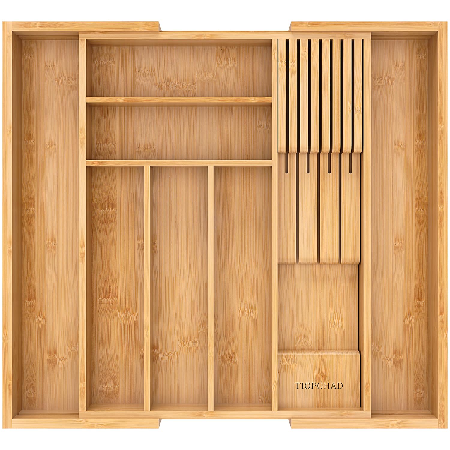 Photo 1 of TIOPGHAD Bamboo-Silverware-Drawer-Organizer-Kitchen, Expandable Utensil Holder Cutlery Tray Flatware Organization Adjustable Wood Tableware Dividers Storage (with Removable Knife Block)(Natural)