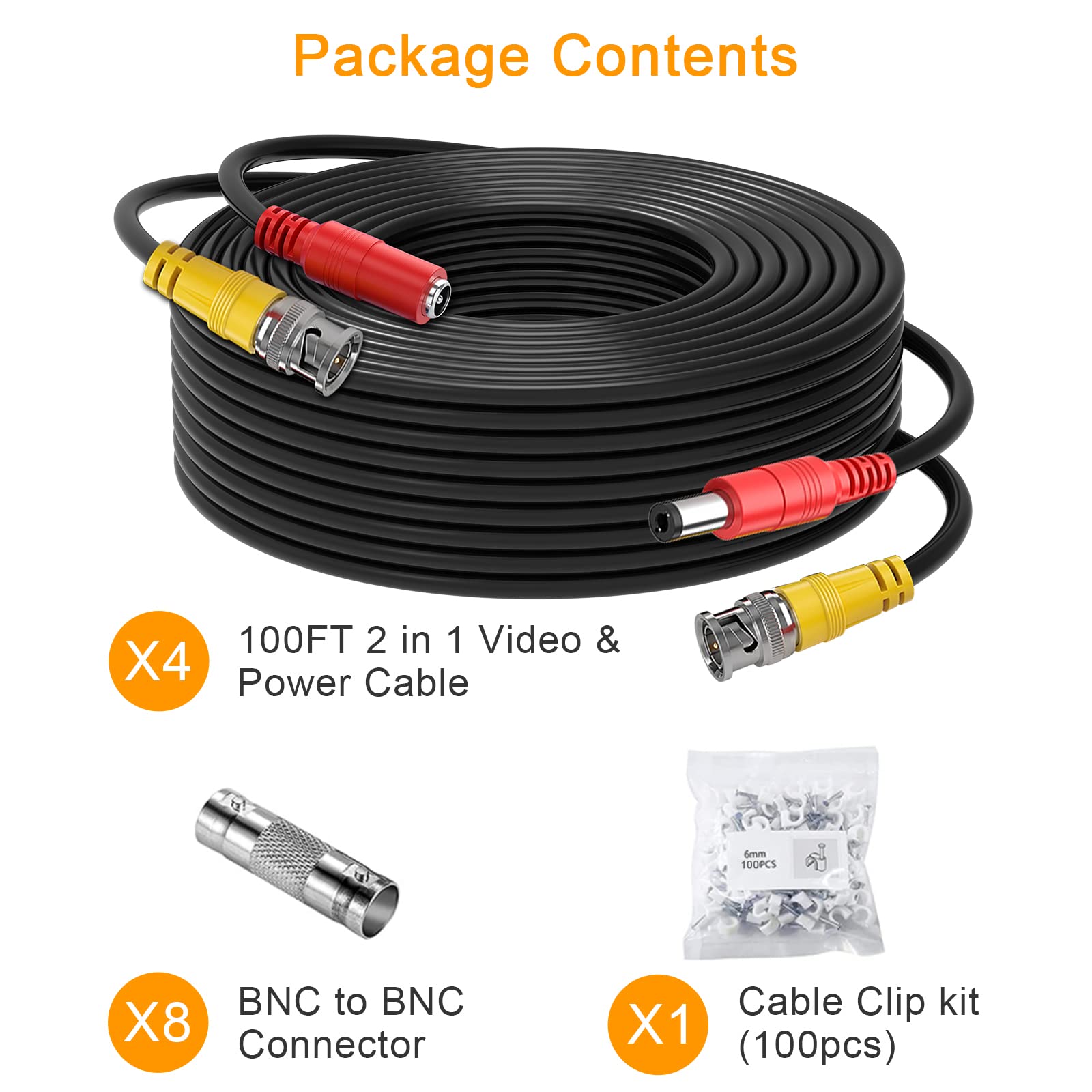 BNC Cable 4x100FT, All-in-One Siamese Video and Power Security Camera Wire, Camera Cable for All Max 5MP HD CCTV DVR Surveillance System (100FT 4PACK, Black)