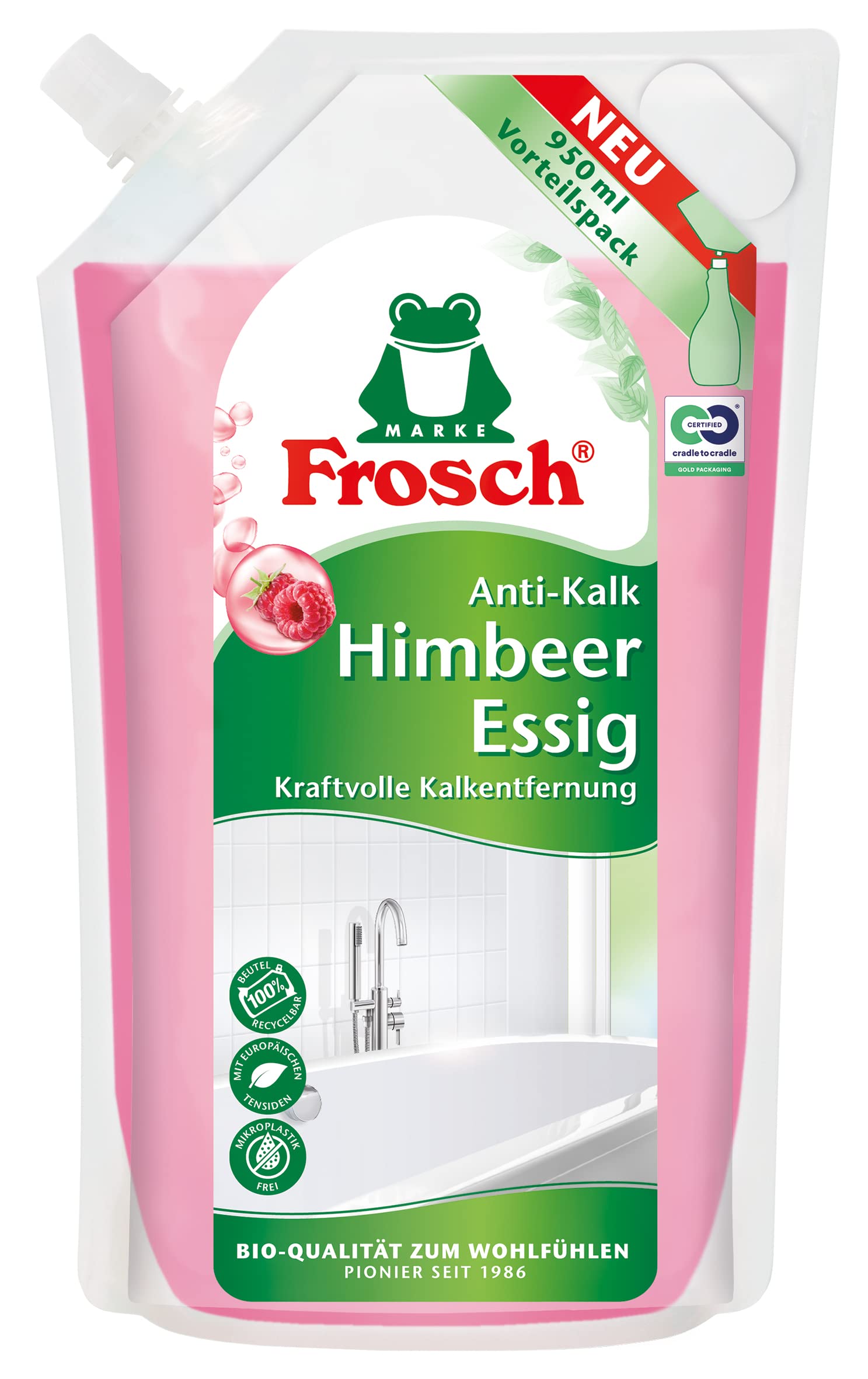Frosch Himbeer-Essig Anti-Kalk Reiniger, Kraft-Reiniger - extra stark gegen Schmutz und Kalk, für Küche und Bad, im Nachfüllbeutel 1er Pack (1 x 950 ml)