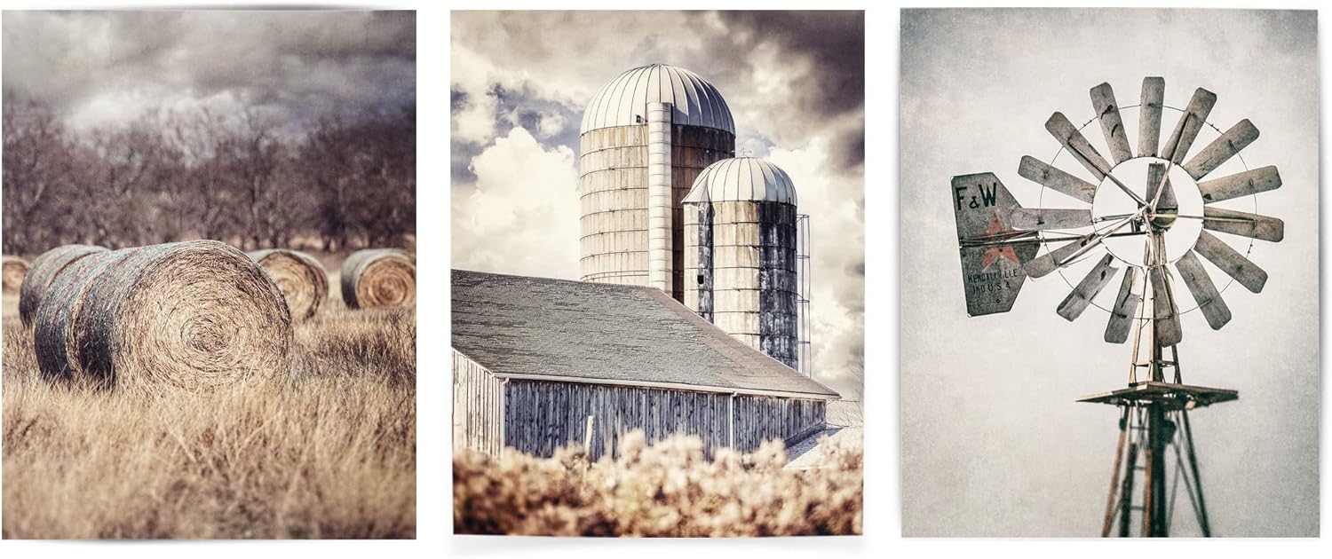 Photographs - Lisa Russo Fine Art - Farmhouse Wall Decor Rustic Barn Hay Windmill Photo Prints - Set of 3 - Not Framed - Beige, Grey, Tan (3 16x20 Prints Only)