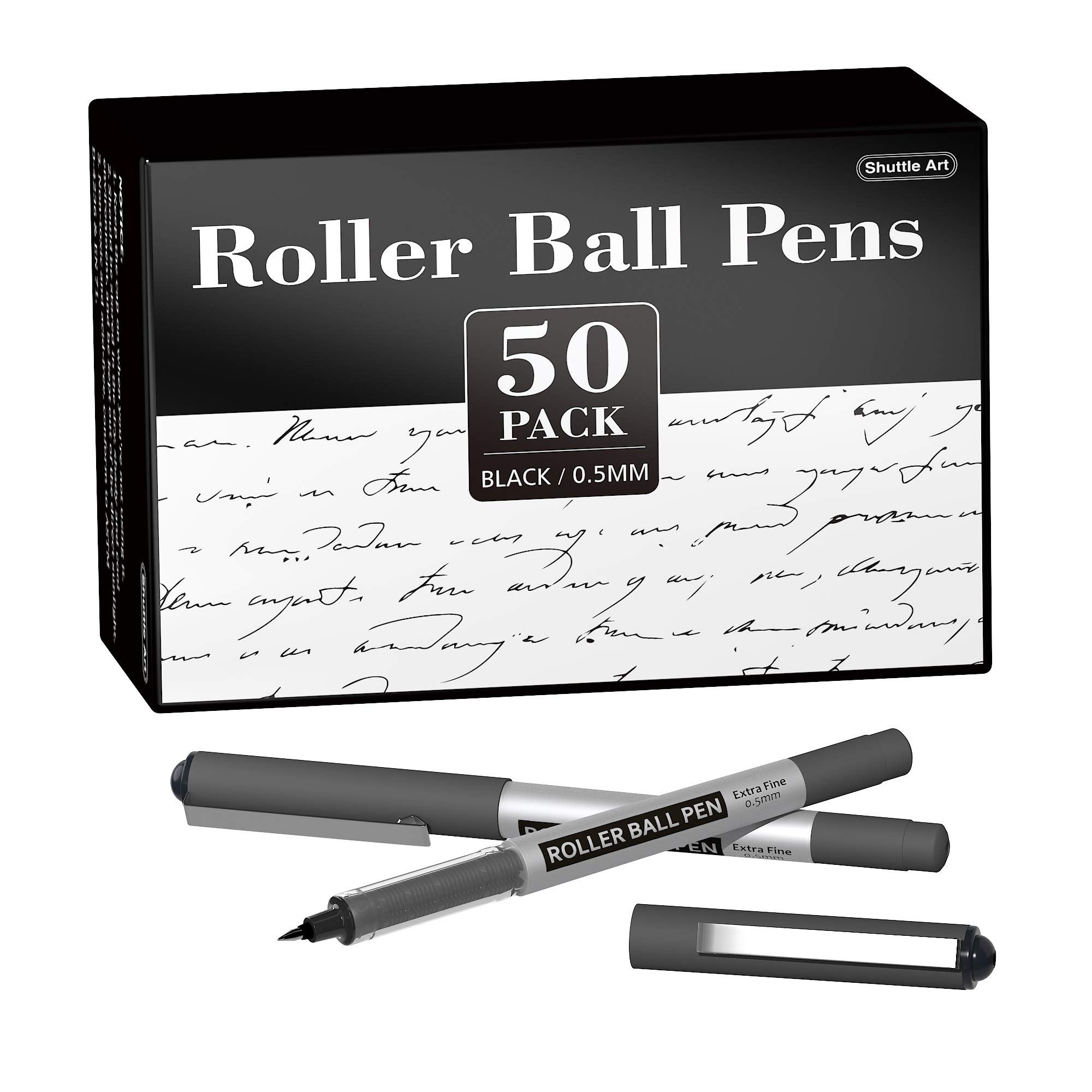 Shuttle Art RollerBall Pens, 50 Pack Black Fine Point Roller Ball Pens, 0.5mm Liquid Ink Pens for Writing Journaling Taking Notes School Office