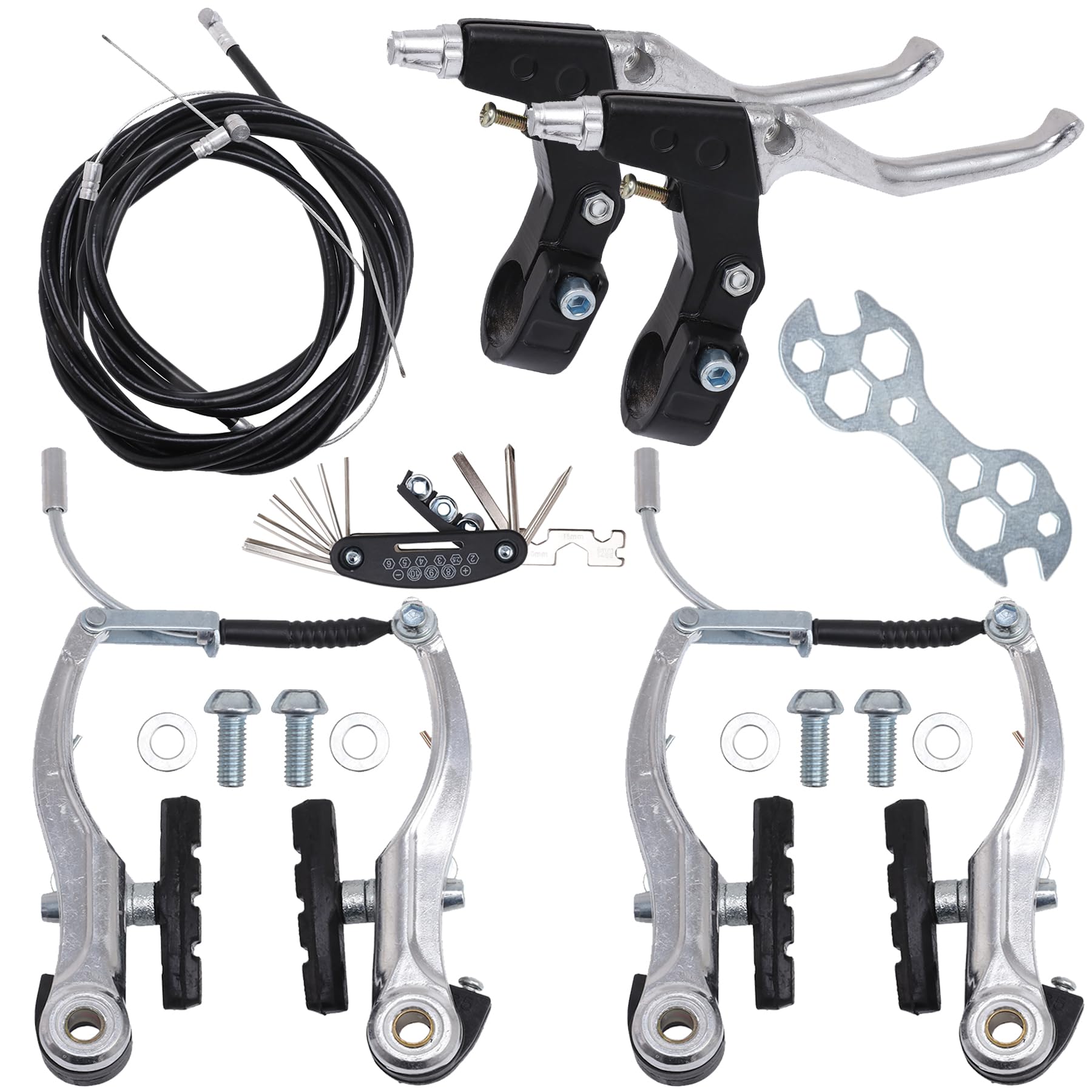 Photo 1 of Stylemafia Complete V Bike Brake Set, Front and Rear Bike MTB Brake,Inner and Outer Callipers Cables Lever Kit with Calipers Levers Cables Multi-Tool Wrenches (Silver)