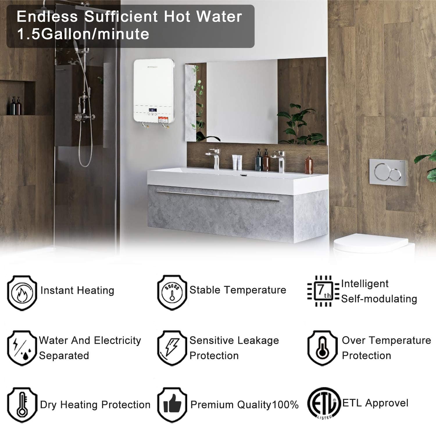 Tankless Water Heater Electric ECOTOUCH 9KW 240V on Demand Water Heater Self-Modulating Instant Hot Water Heater Point Of Use Water Heater ECO90 White - - 