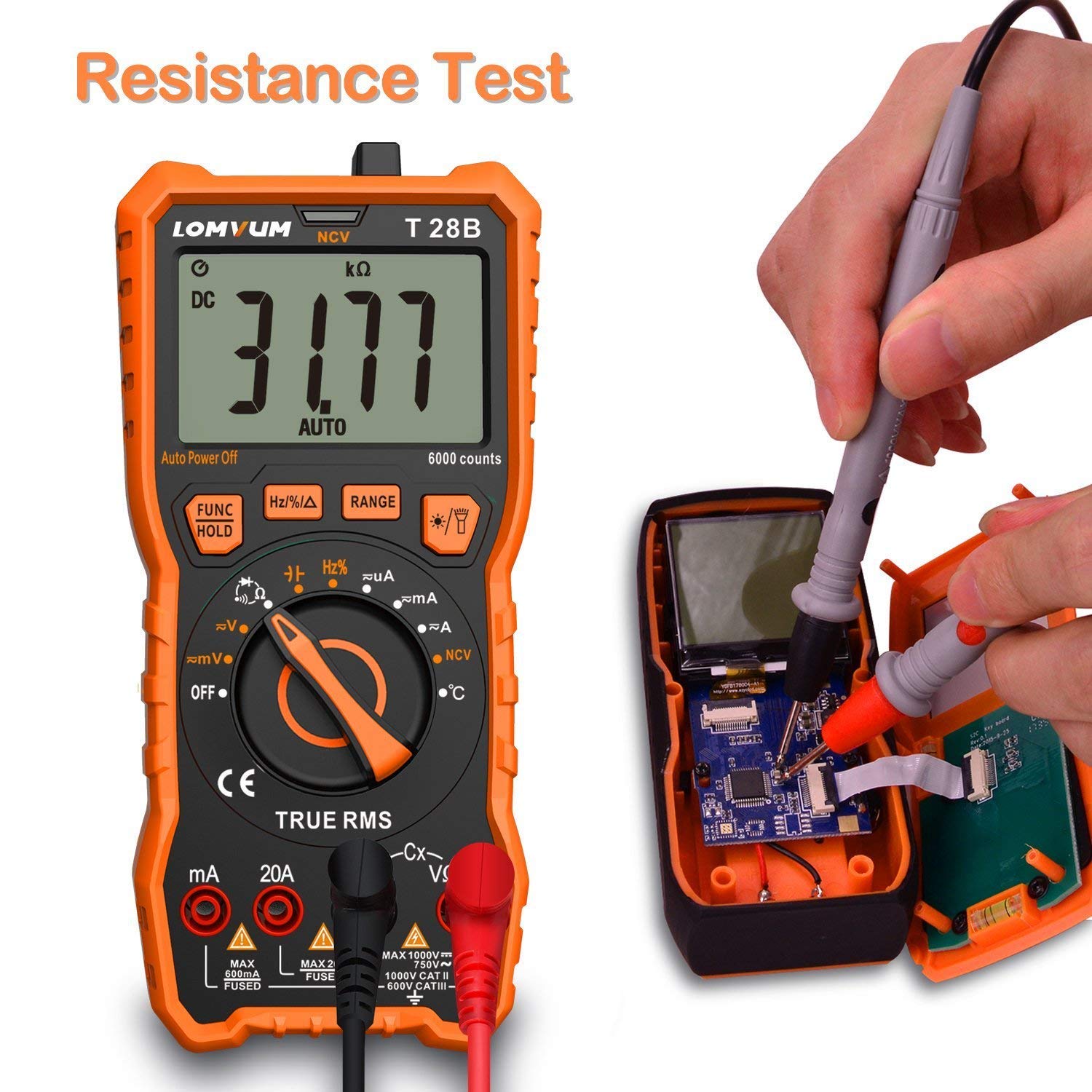 LOMVUM Digital Multimeter Tester, TRMS 6000 Counts Volt Meter Ranging; Measures Voltage Tester, Current, Resistance, Continuity, Frequency; Tests Diodes, Transistors, Temperature
