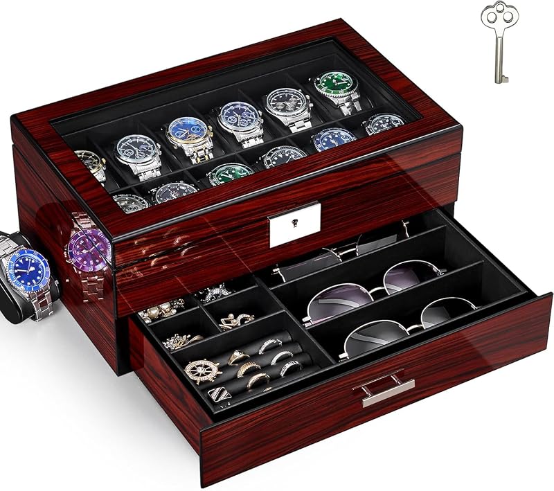 Caja de Relojes con 12 Ranuras, Joyero Hombre con Tapa de Cristal
