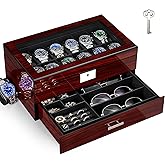 ANWBROAD Watch Box for Men, 12 slot Watch Cases with Glass Lid, 2-Layer Wooden Watch Display Case for Jewelry and Watch Organizer for Men Women, Ideal for Gifting with a Present Box, Lockable UJWB003Y