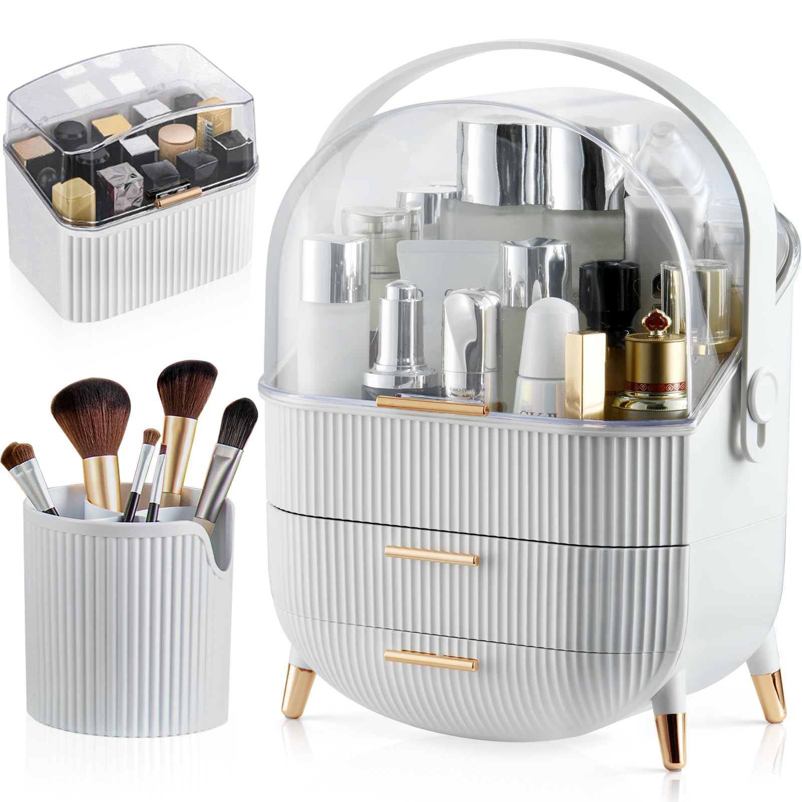 Photo 1 of CANITORON Makeup Organizer,Skincare Organizer with 2 Drawers and Brush Storage Box,Lipstick Holder,Cosmetic Display Case for Vanity Organizer and Bathroom Countertop Storage.(White)