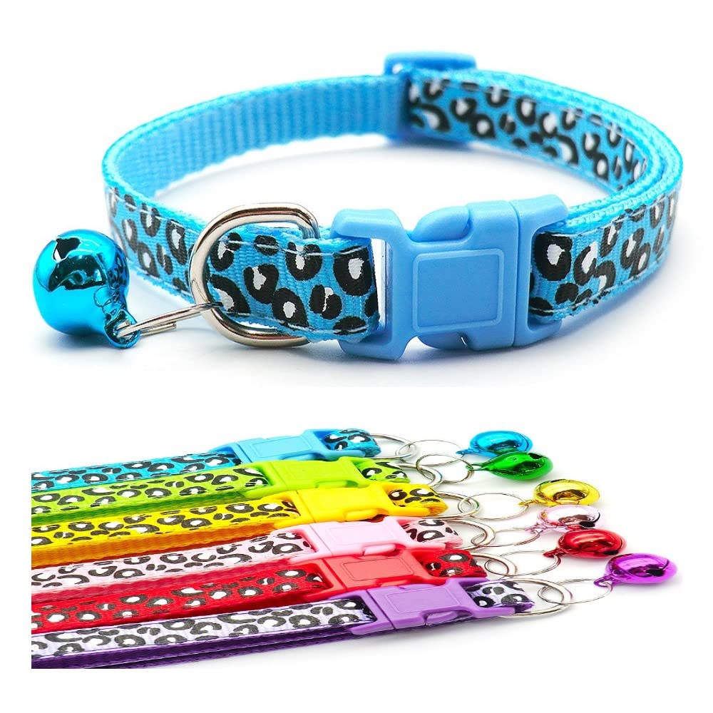Small Dog Puppy Pet Collar Leopard Animal Print Design with Bell Nylon Adjustable Size 19-32cm Blue