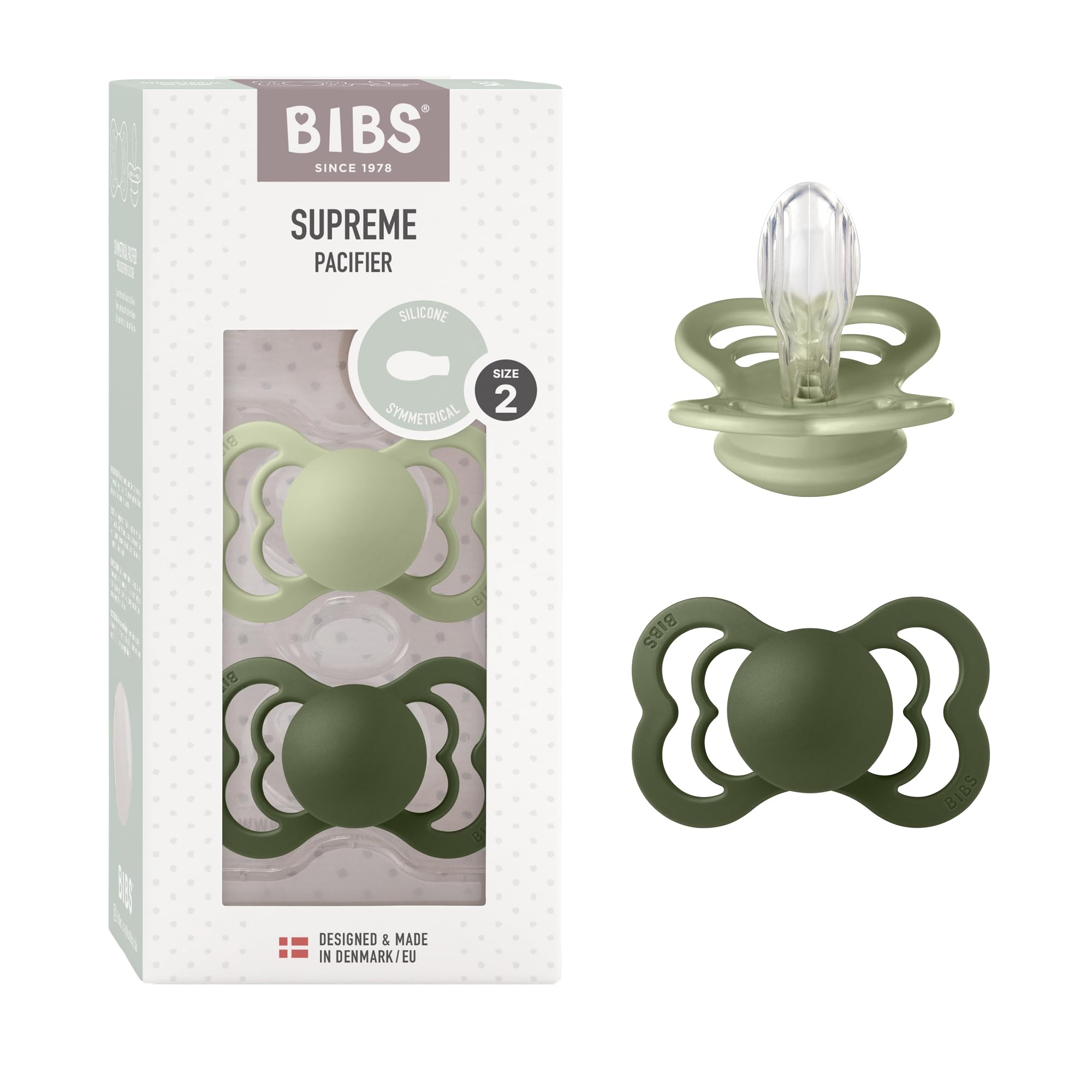 BIBS Supreme Dummies 2-Pack, BPA Free Dummy Pacifier, Silicone Symmetrical Nipple Soother, Size 2 (6-18 Months), Sage/Hunter Green