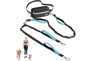VavoPaw Hands Free Dog Leash for 2 Dogs with Pouch, Waist Leash for Dog Walking, Jogging, Hiking, Retractable Leashes with Dual Padded Handles, Adjustable Reflective Belt for Small, Medium, Large Dogs