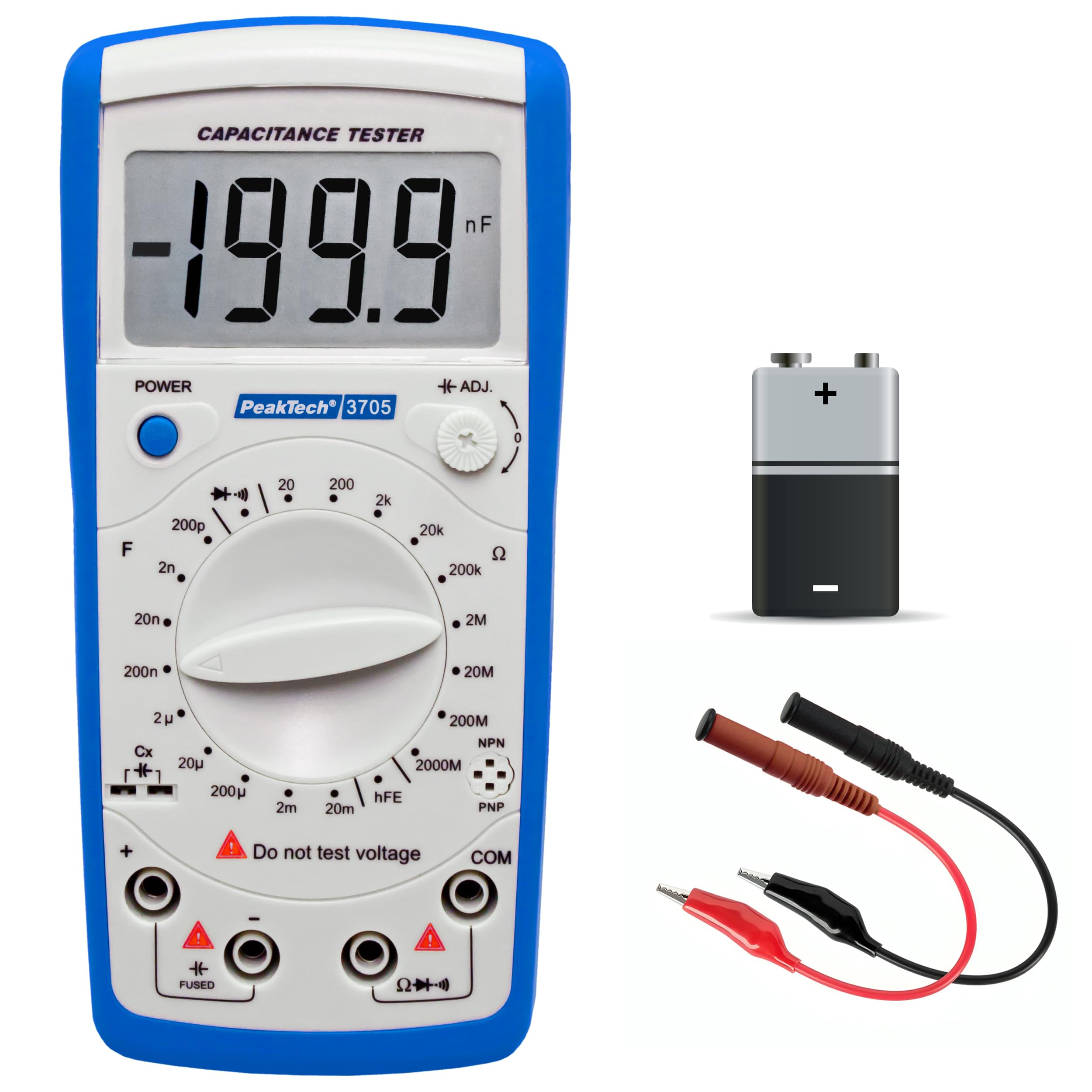 PeakTech P 3705 Digital Capacitance Meter, 2000 Mohm Resistance, Continuity Tester, Diode Test, Transistor Test