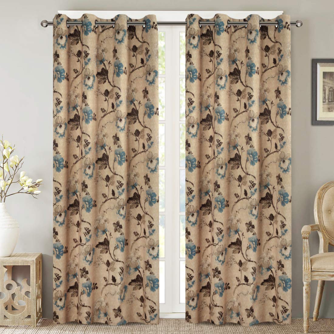 H Versailtex Vintage Floral With Brown Aqua Taupe Pattern Blackout