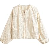 KEOMUD Women's Embroidered Bomber Jacket Casual Zip Up Cropped Jacket Floral Pattern Outwear for Spring Fall