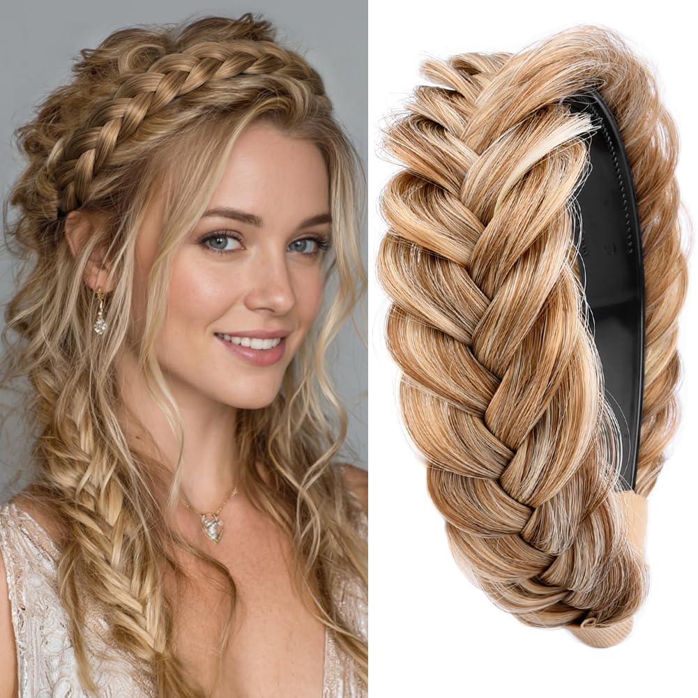 GLEDOLA Wide Messy Braided Headband with Teeth Synthetic Hair Plaited Headband High Elasticity Braids Chunky Fishtail Braided Hair Band Hairpiece for Girls Women (Caramel Blonde)