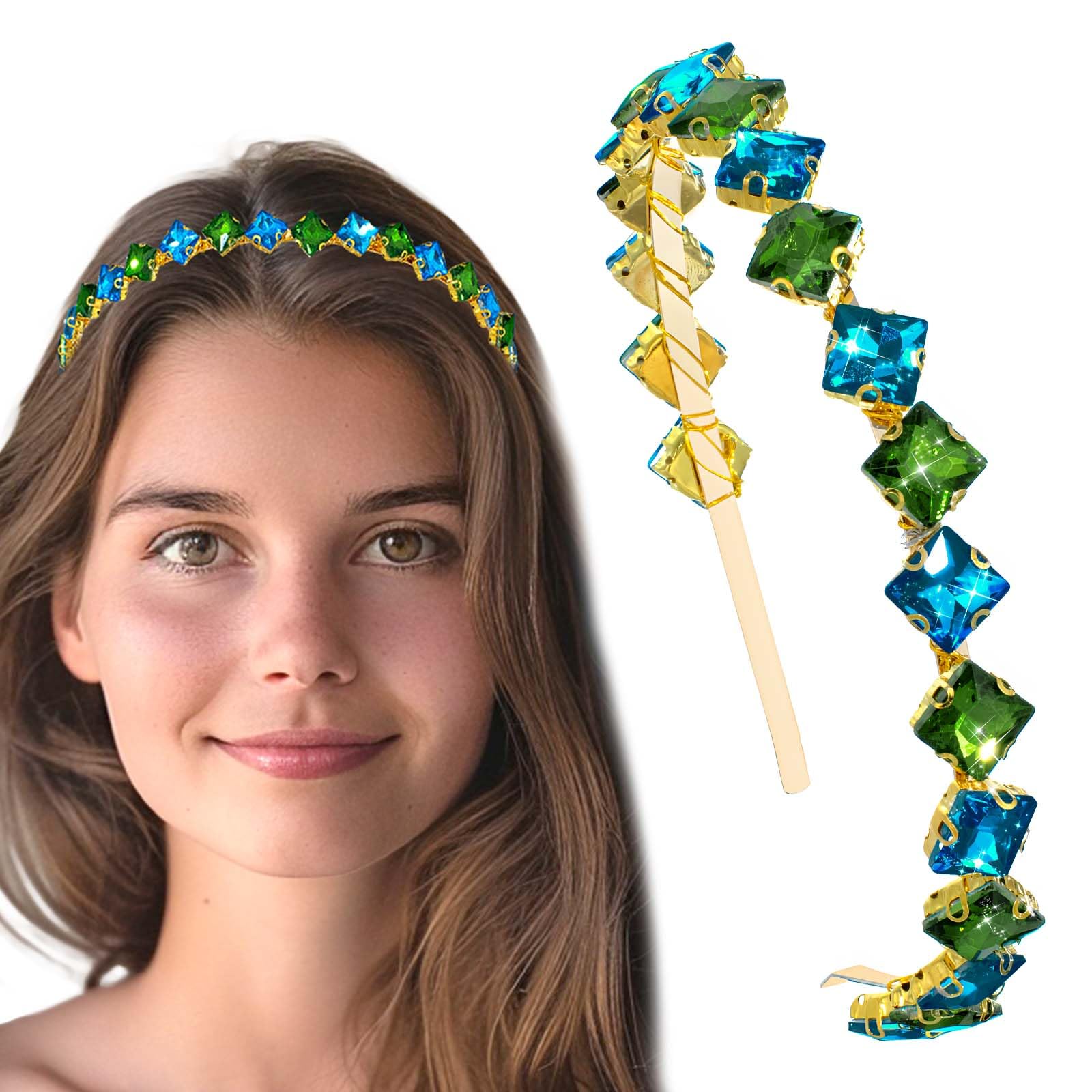 Rhinestone Headband Sparkling Gemstone Headwear Party Prom Hair Accessory for Women and Girls (green+blue)
