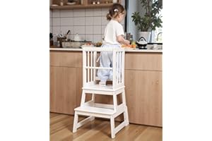 MANGOHOOD Kids Kitchen Step Stool, Ideal Toddler Learning Standing Tower, 2025 New Upgrade with an Anti-tip Structure and Anti-Drop Safety Bar, More Stable and Safer - White