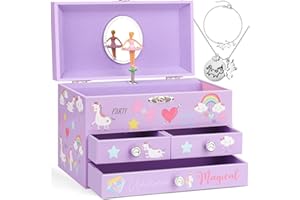 efubaby Musical Jewelry Box for Girls 3 Layer Music Box with Drawers Spinning Ballerina Unicorn Design Included Unicorn Jewelry Set Kids Birthday Christmas Gifts for Girls, Purple