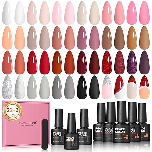 PEACECOLOR Gel Nail Polish-25Pcs 8ML Soak Off Nail Polish Set Red Nude Brown,Gel Nail Kit with Glossy Matte Top Coat,Colorful Nail Polish Set for Beginner