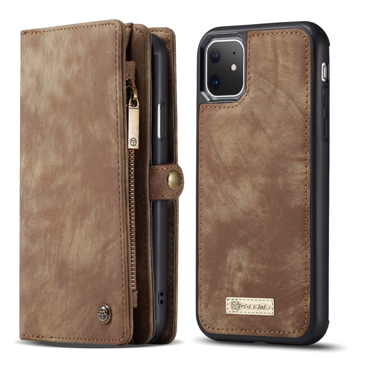 CaseMe for iPhone 11 6.1" Leather Case, Claelech 2 in 1 Large Capacity with Stand Holder Leather Cover, 13x Card Slots, Detachable Zipper Wallet Multi Function Case for iPhone 11 (Brown)
