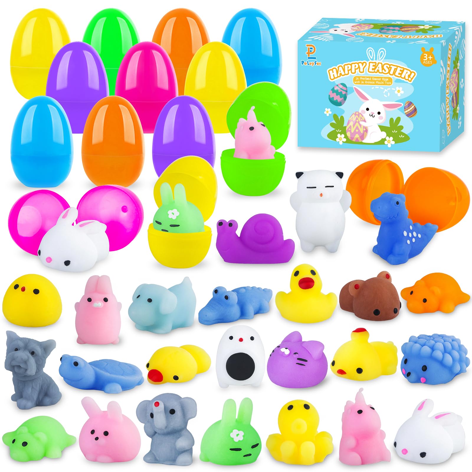 24 Pack Prefilled Easter Eggs with Squishy Animals Toys Inside for Kids, Easter Basket Stuffers Fillers Mochi Stress Relief Toys for Easter Hunt, Party Favor, Easter Gifts, Classroom Prizes