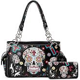 Cowgirl Trendy Western Sugar Skull Purse and Wallet Set for Women | Center Zip Divider, Multi-Pocket Storage & Easy-Access Rear Pocket