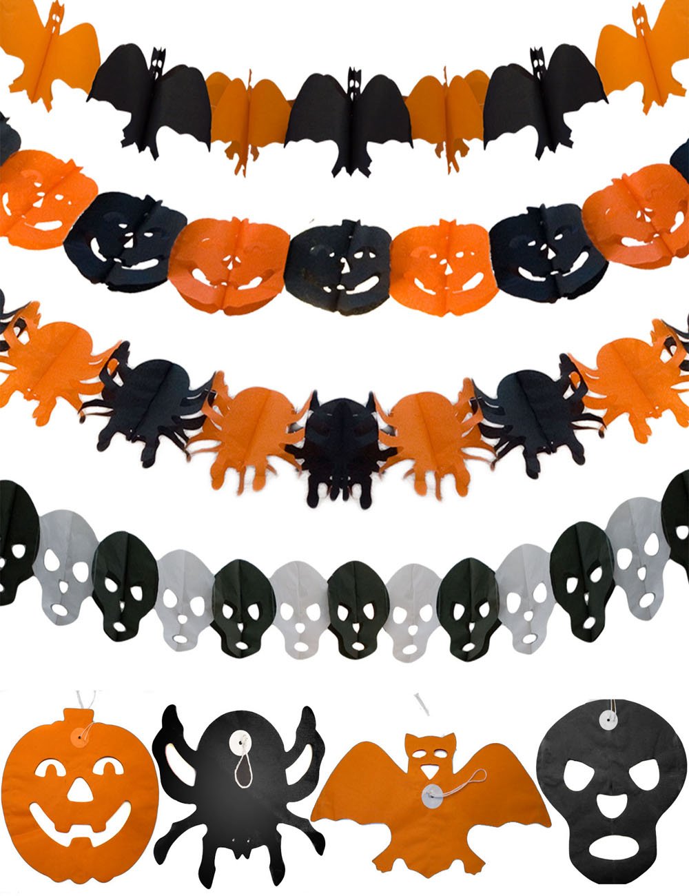 HomeTools.eu® - Halloween scary party garlands crepe decoration set, garland pumpkin, spider, skull, bat, set of 4, 4 x 3 m, 12 m.