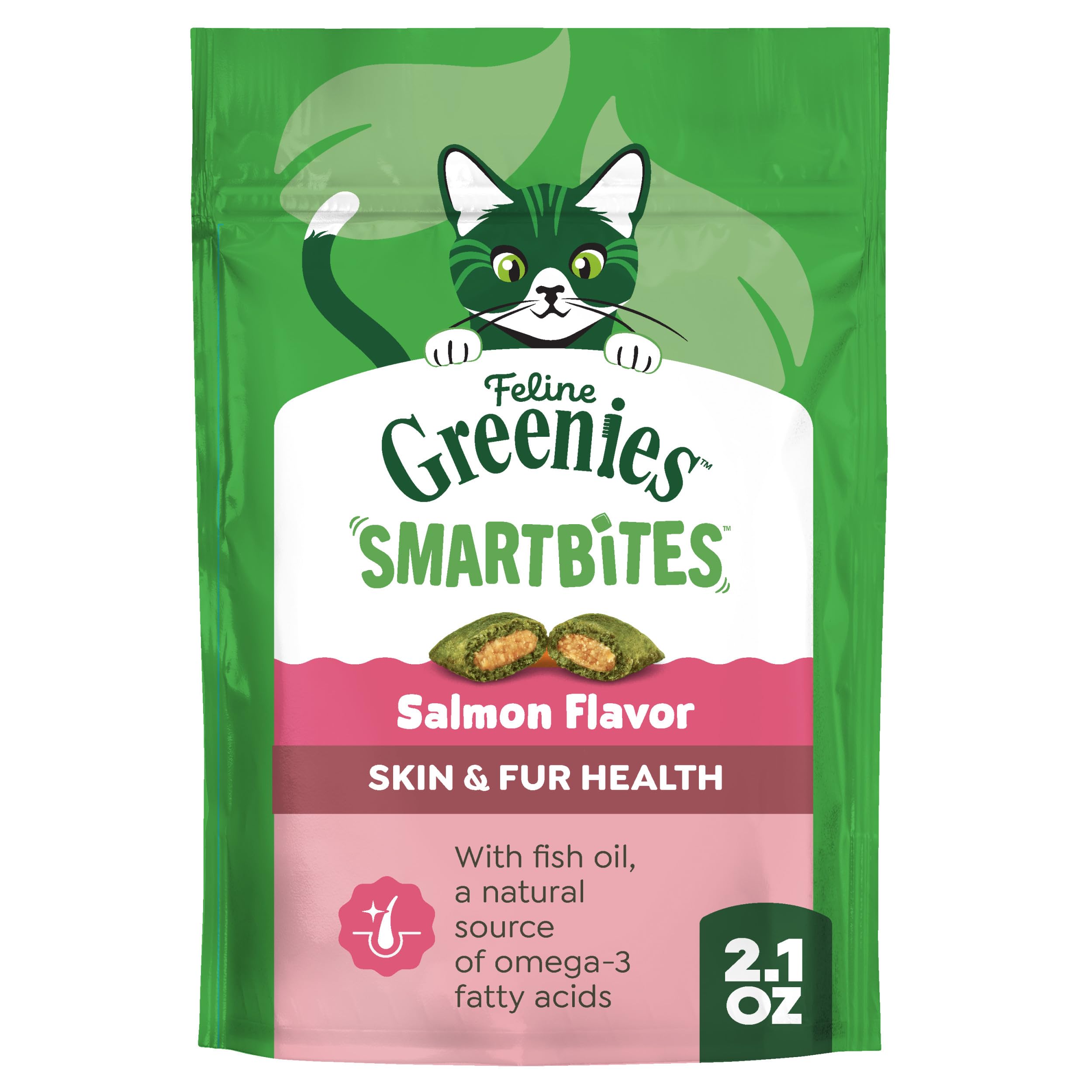 Greenies Feline Smartbites Skin & Fur Crunchy and Soft Cat Treats, Salmon Flavor, 2.1 oz. Pack