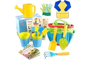 INNOCHEER Kids Gardening Tools, Kids Gardening Set with STEM Learning Guide, Kids Watering Can, Washable Apron, Gloves, Shovel, Rake, Fork and Garden Tote Bag-Children Gardening All in One Kit