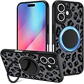 Fiyart Designed for iPhone 16 Plus Case Ring Holder Kickstand Magnetic Bumper Compatible with MagSafe Camera Lens Protection for Women Men Cheetah Print 6.7"-Black