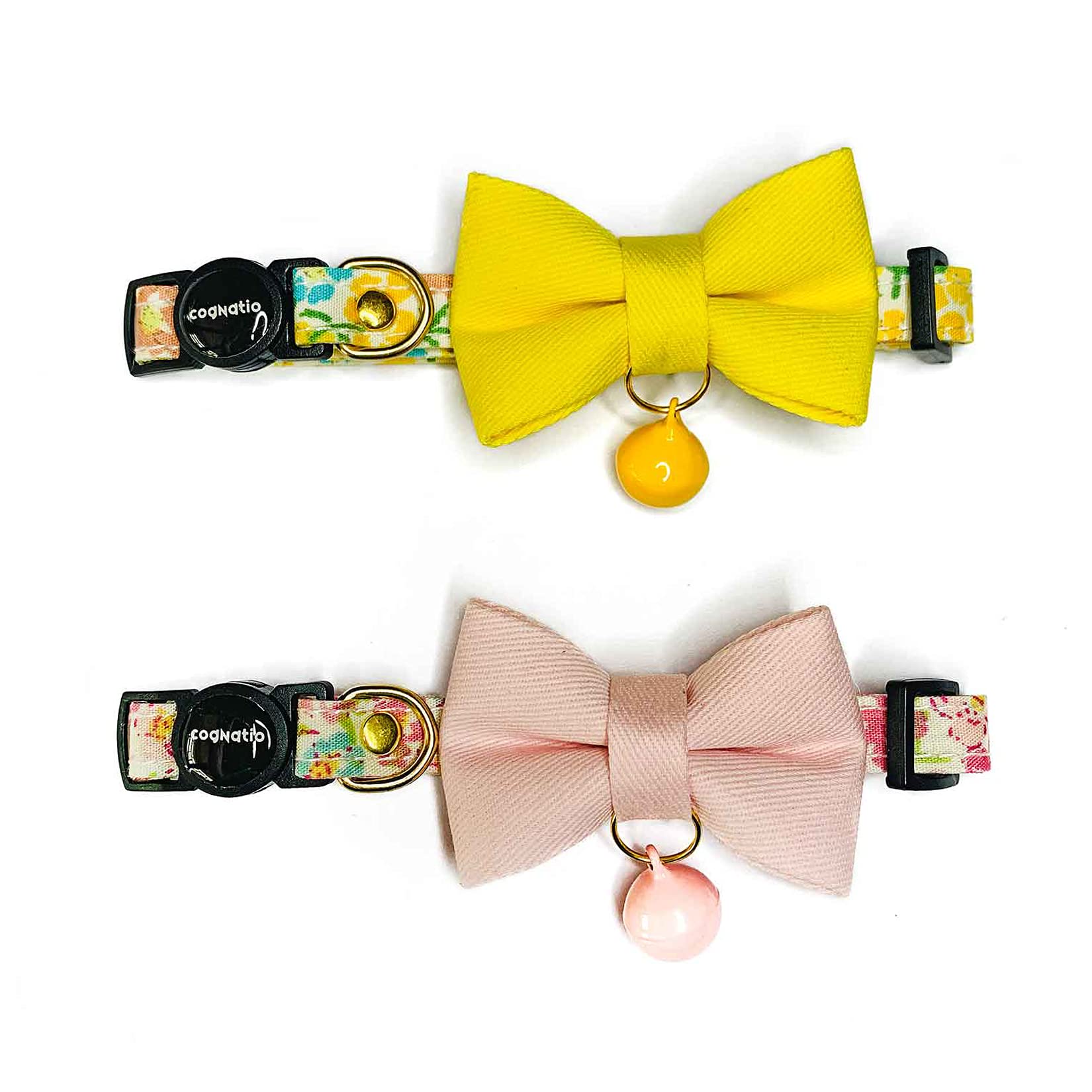 Cognatio Quick Release Cat Collars, Floral Patterned Kitten Collars with Removable Bell and Bow Tie, Adjustable 20-30 cm, 2 Pack, Flower Yellow+Pink