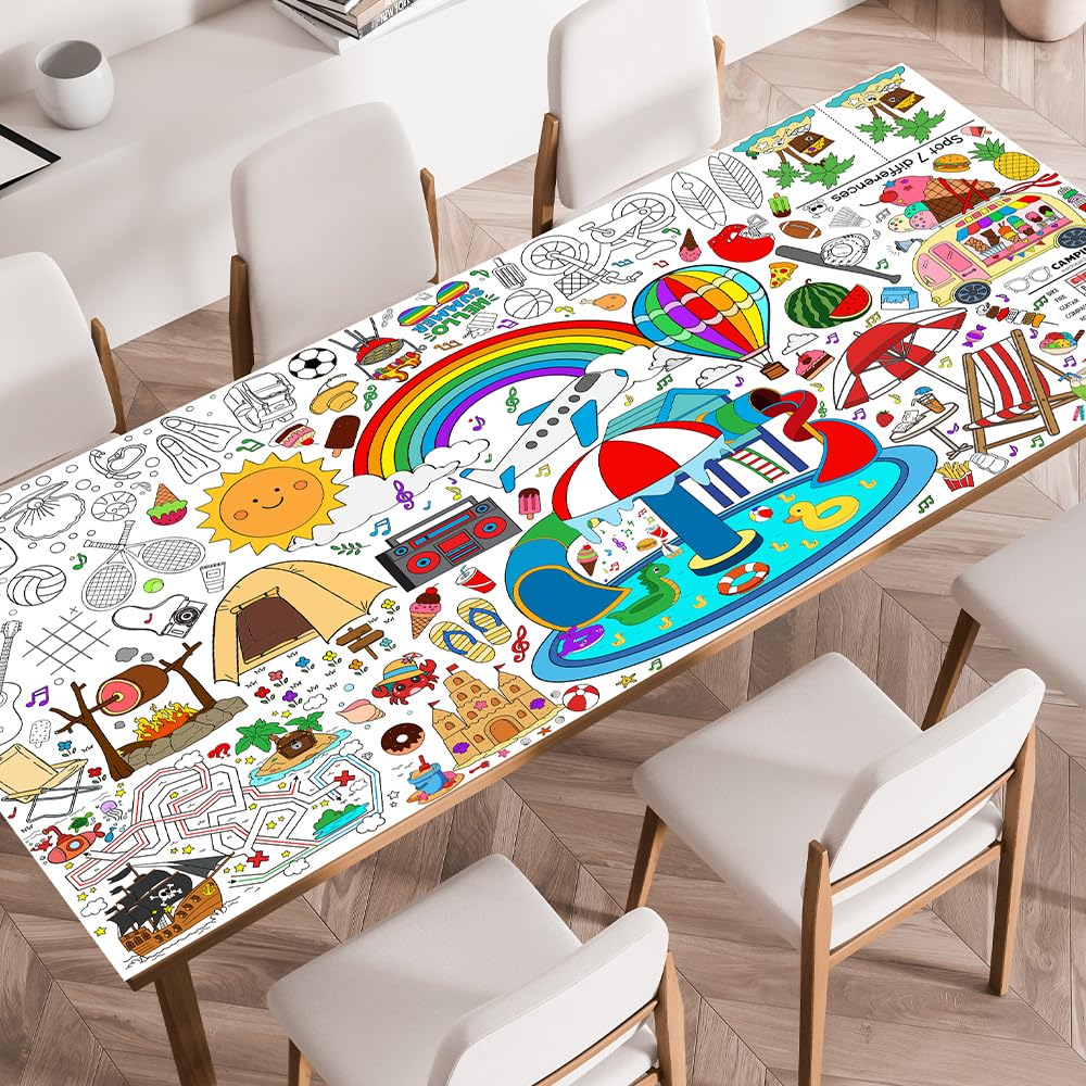SPERINGEEN Summer Tablecloth Decorations, Coloring Games Summer Activities Crafts Poster Pages Banner Table Cover Party Favors for Family or Classroom School Party Decor
