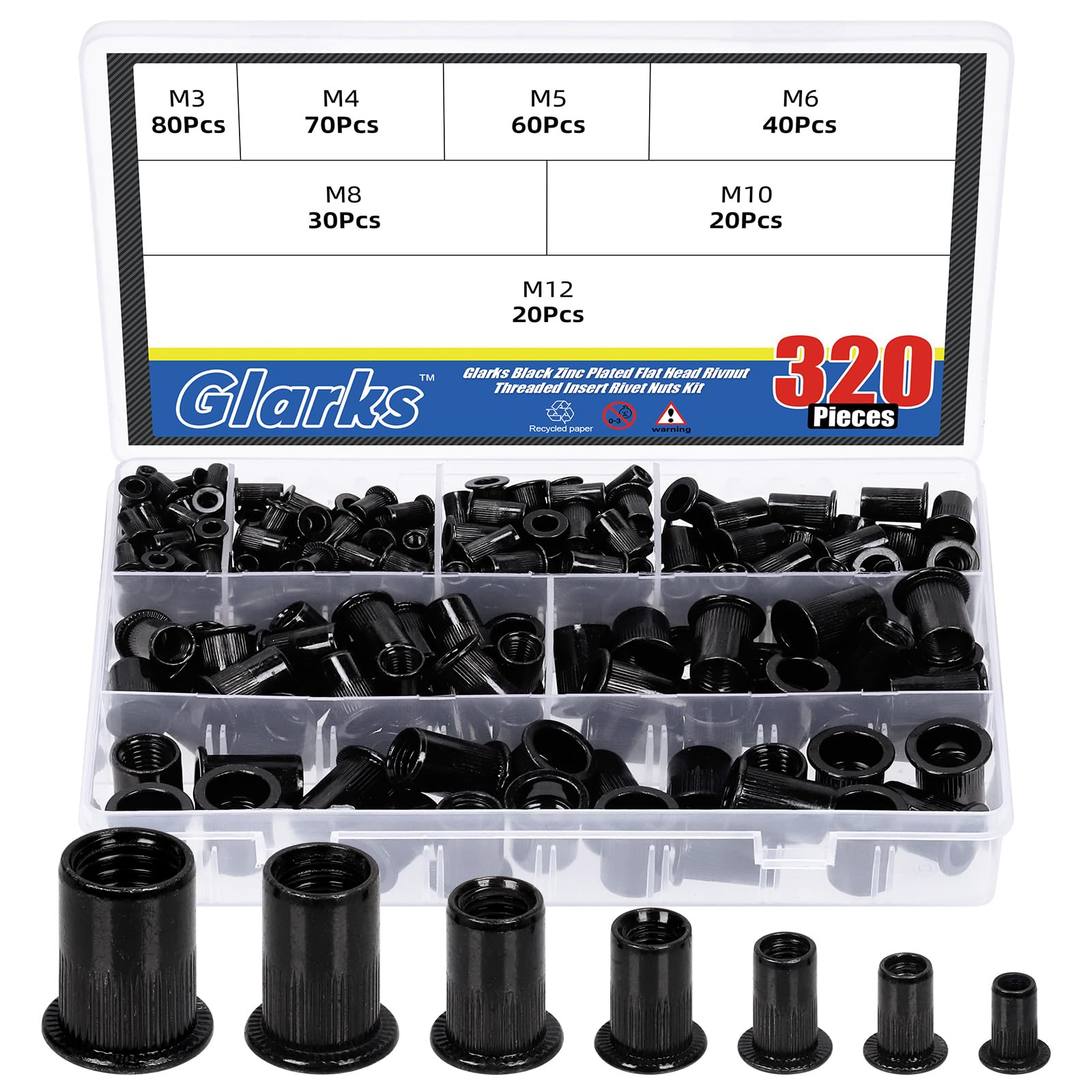 Glarks 320Pcs Metric Rivet Nuts Kit - Black Zinc Plated Carbon Steel Flat Head Threaded Insert M3-M12 Rivnut Assortment Set