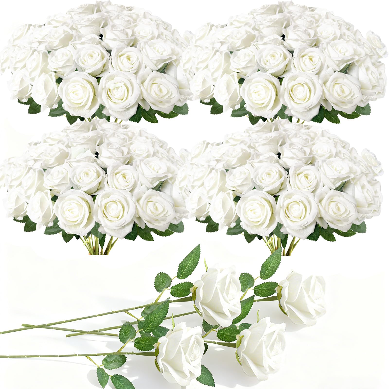 Photo 1 of 100 Pcs Fake Roses Bulk White Artificial Flowers, Artificial Velvet Silk Roses Bouquet with Stems for Wedding Decoration, Fake Flowers in Vase Valentines Day Floral Arrangement Centerpiece Home Decor