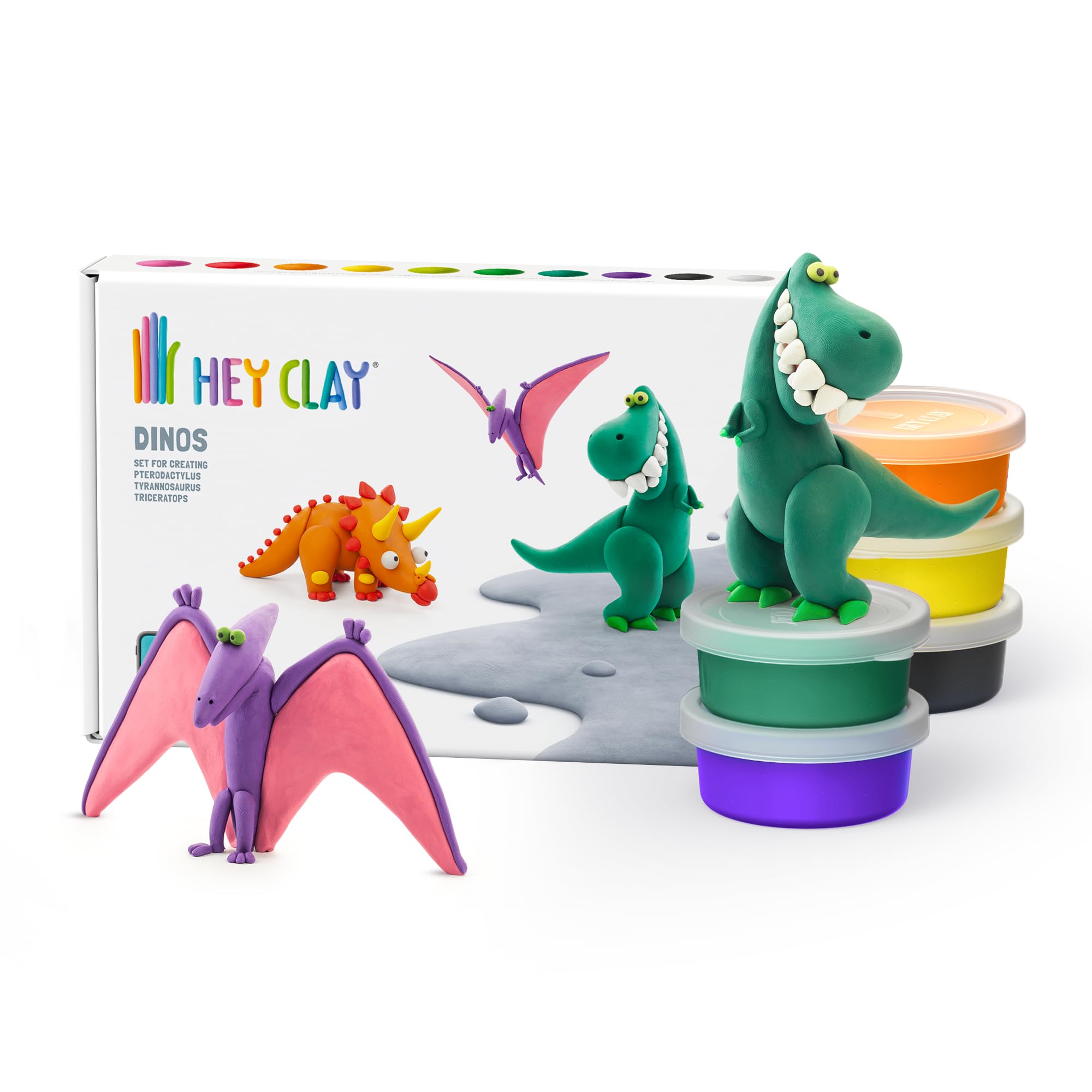 Hey Clay Dinos: Pterodactylus, Triceratops, Tyrannosaurus Set - Colourful Modeling Kids - Air Dry Clay Kit 6 cans with Fun Interactive Instructions App